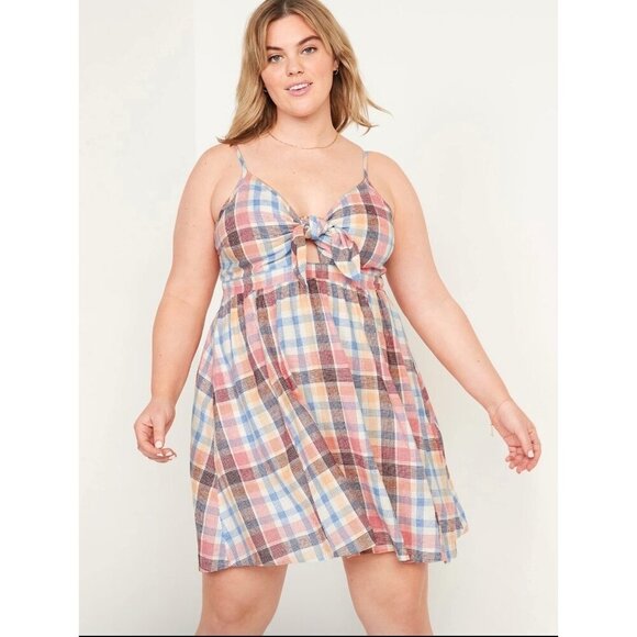 Old Navy Women's Plaid Fit and Flare Tie Front Mini Cami Dress Size 4X NWOT - Picture 1 of 8